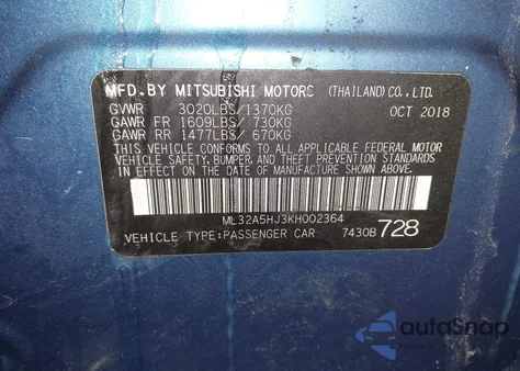 2019 Mitsubishi Mirage Le z USA, uszkodzony, nr VIN ML32A5HJ3KH002364